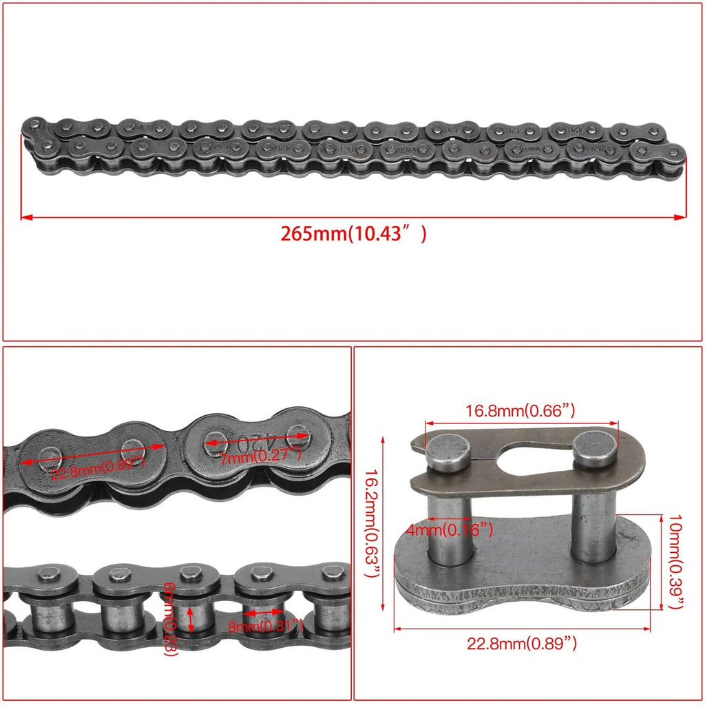 Drive chain length diagram with chain link and chain tensioner size callouts