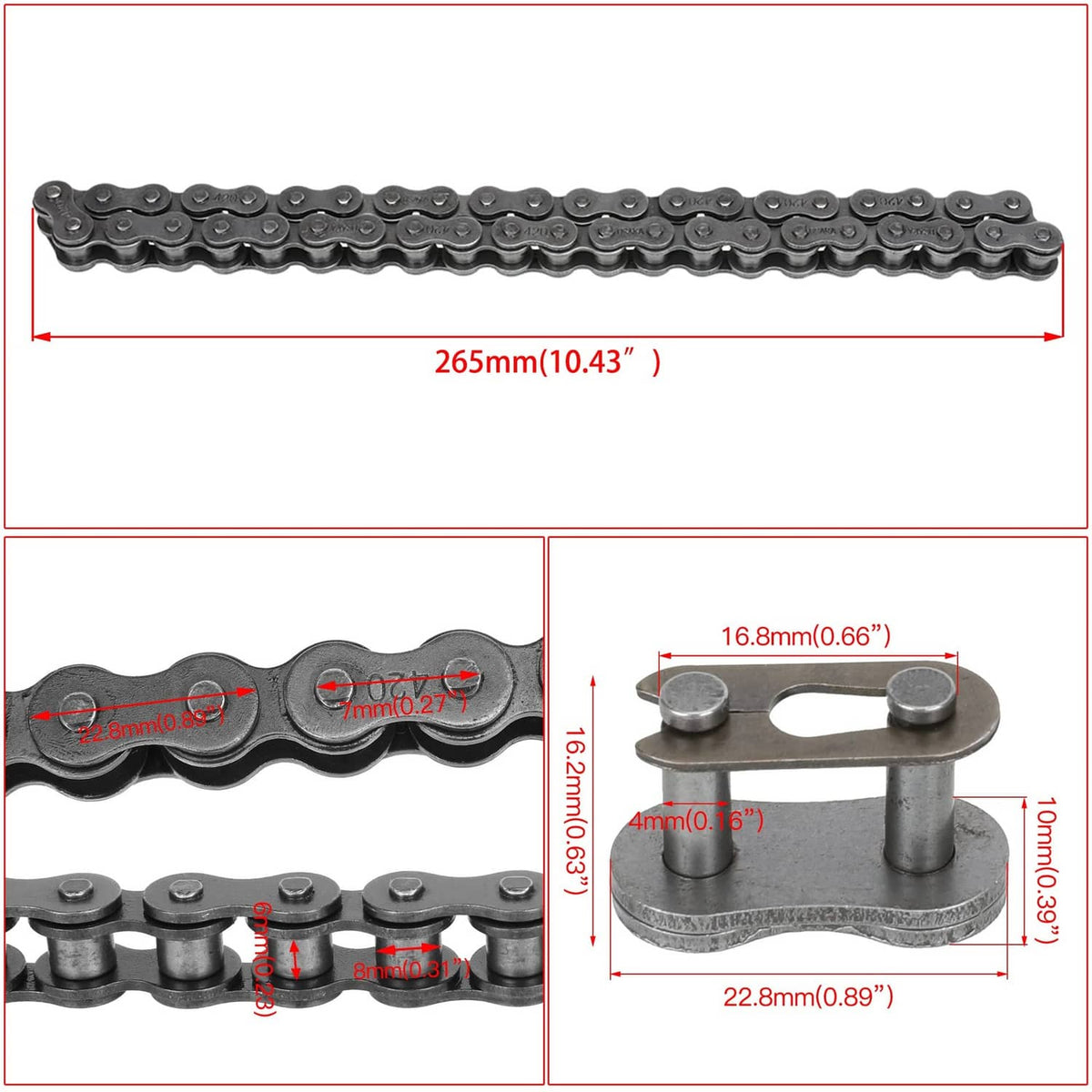 Drive chain length diagram with chain link and chain tensioner size callouts
