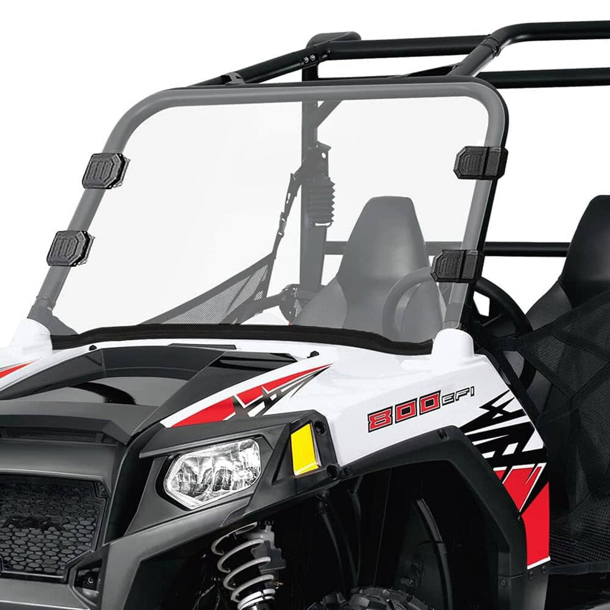 UTV front windshield with clear panel, black surround, and roof support bars
