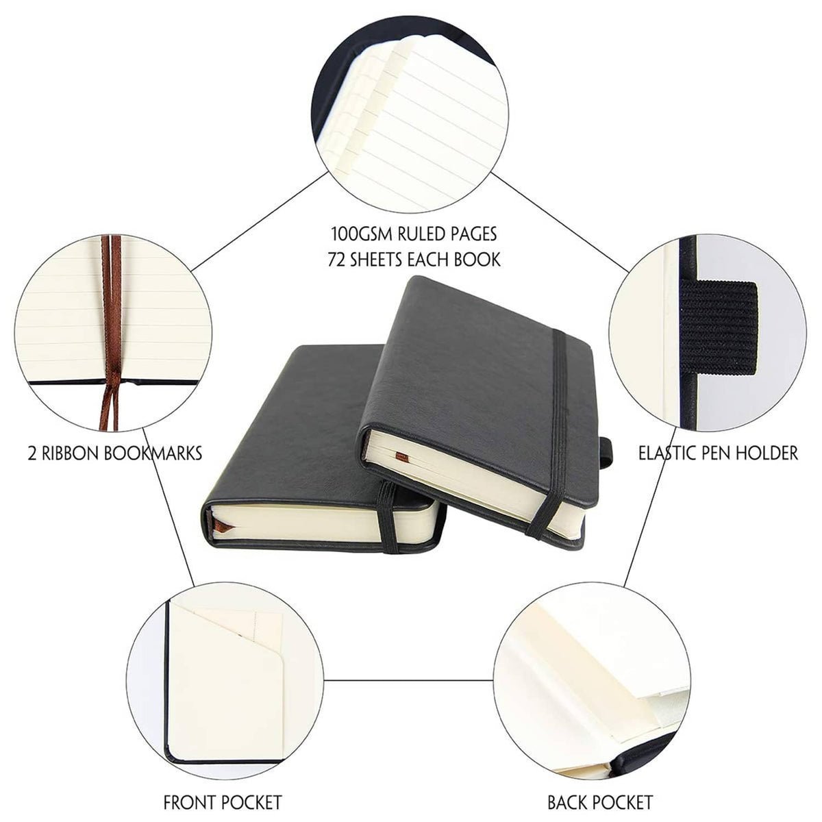 Newestor 2-pack pocket notebooks with ruled pages, ribbon bookmarks, front and back pockets