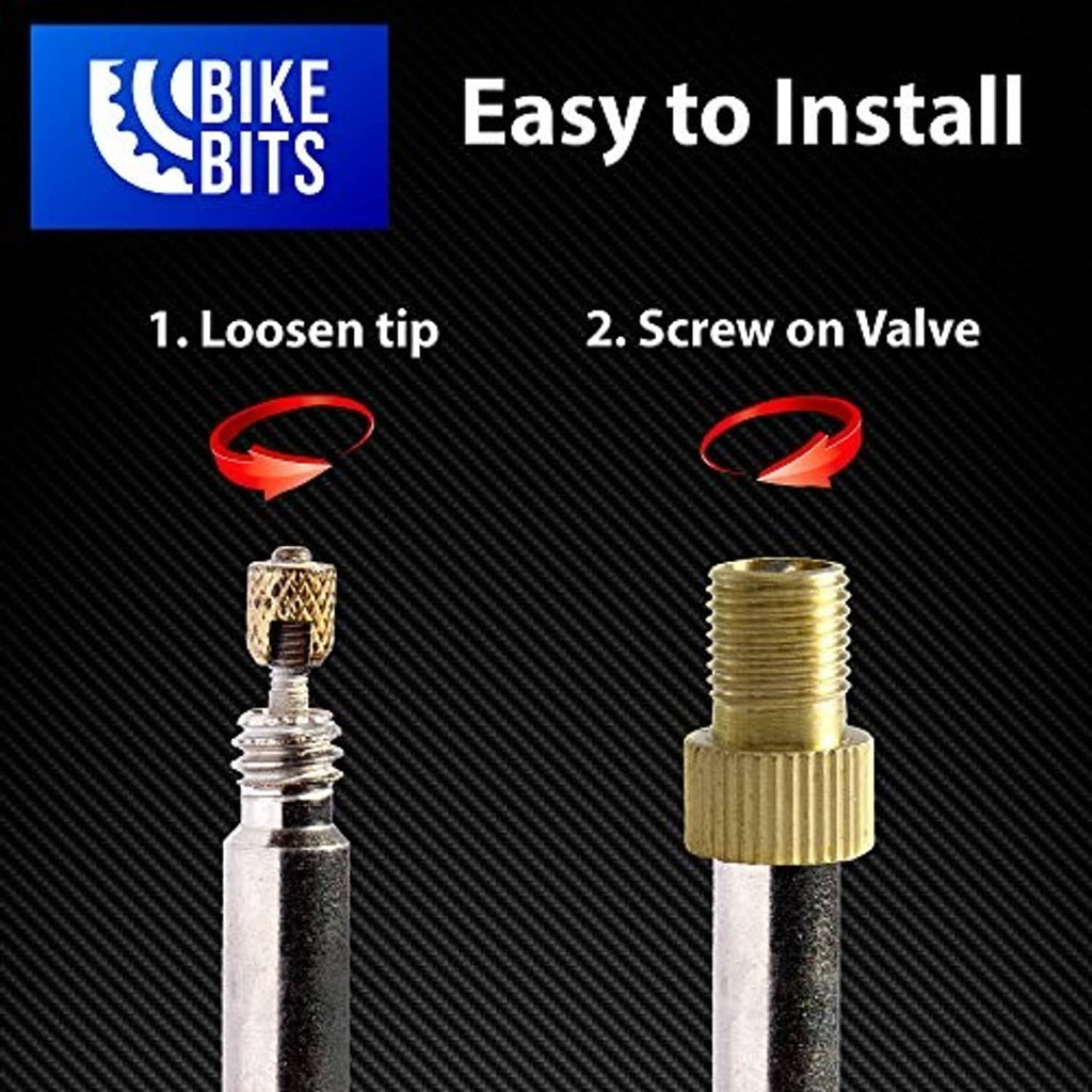 Brass Presta valve adapter shown with threaded end for easy screw-on installation
