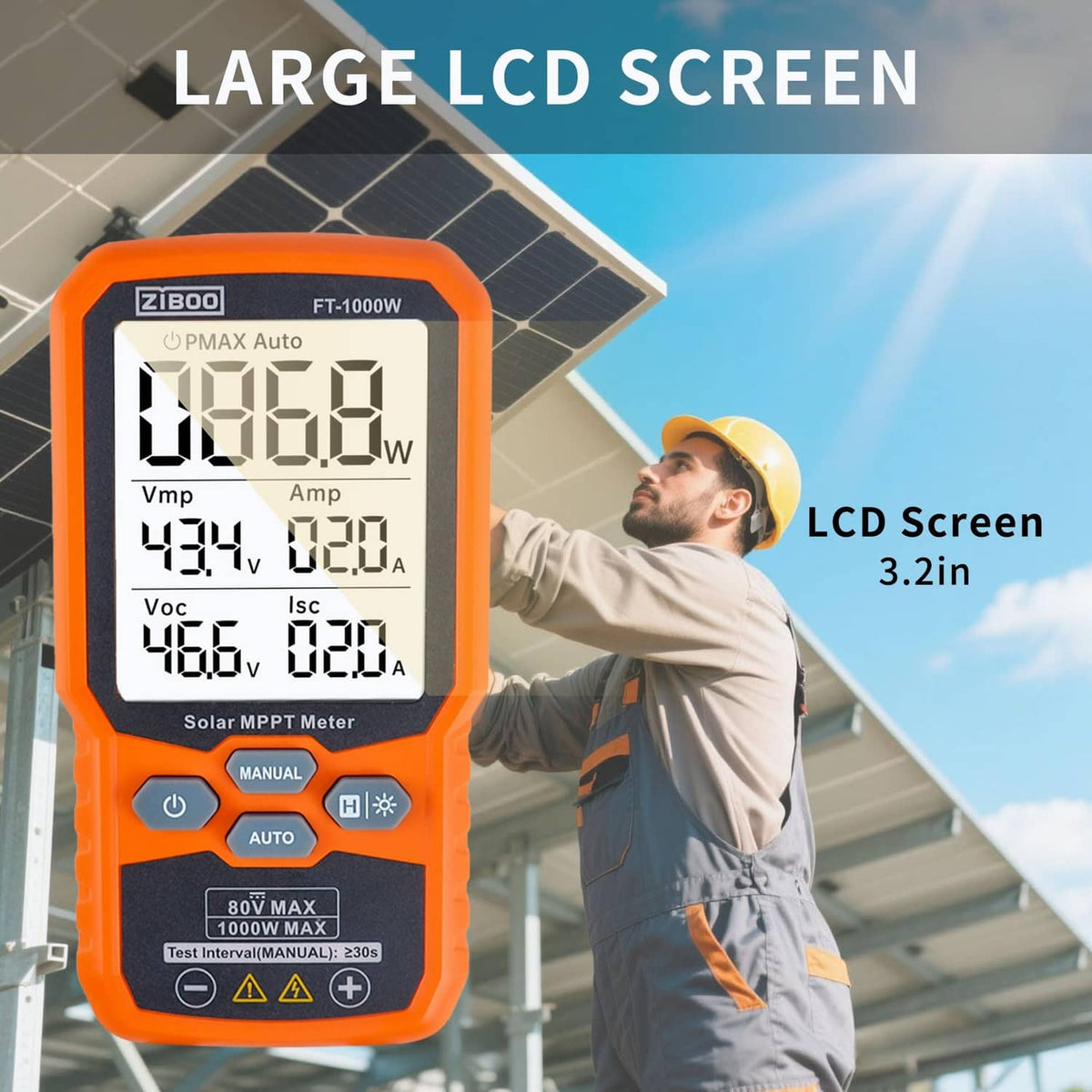 Orange solar MPPT tester with large 3.2in LCD screen and bottom control keys.