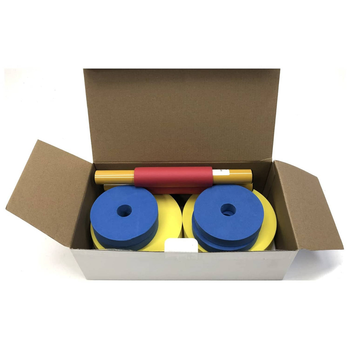 Foam dumbbell set pieces in box: blue weight discs and red handle bar