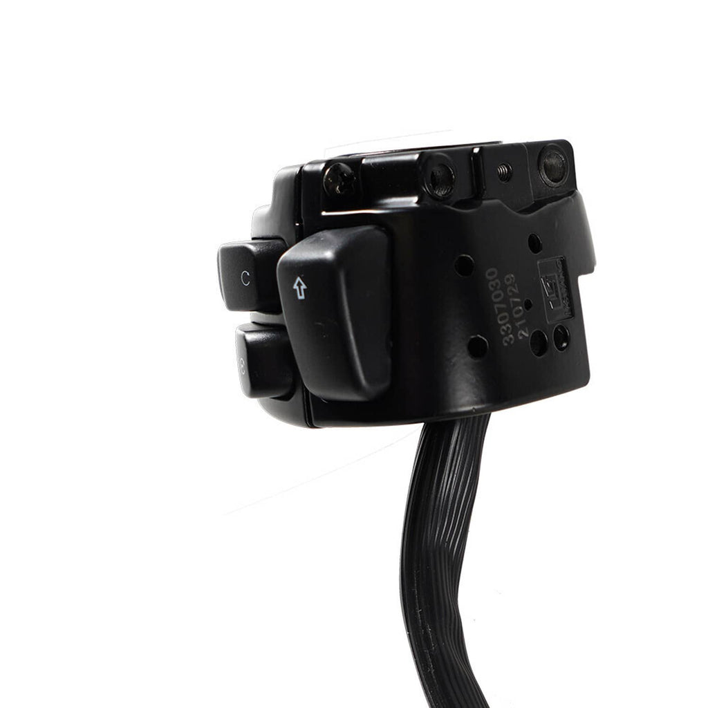 Black handlebar switch module with button cluster and wiring leads
