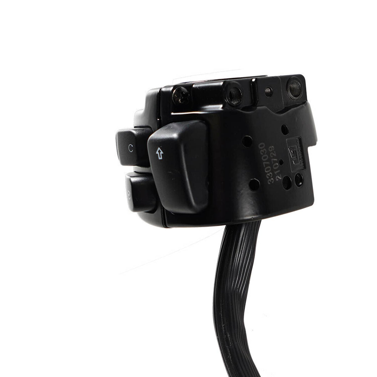 Black handlebar switch module with button cluster and wiring leads