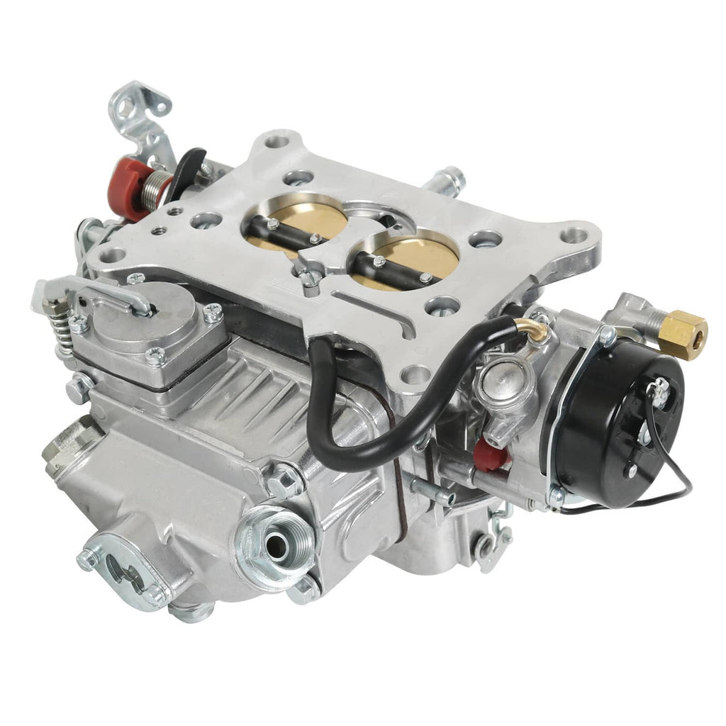 Aluminum two-barrel carburetor with black choke housing and gold inlet fitting