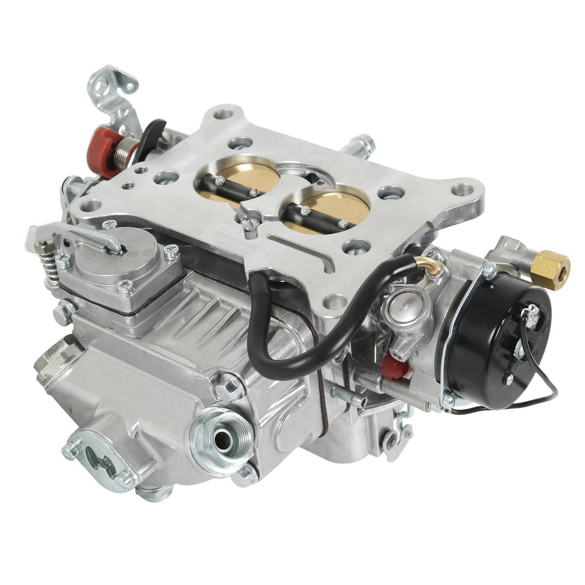 Aluminum two-barrel carburetor with black choke housing and gold inlet fitting