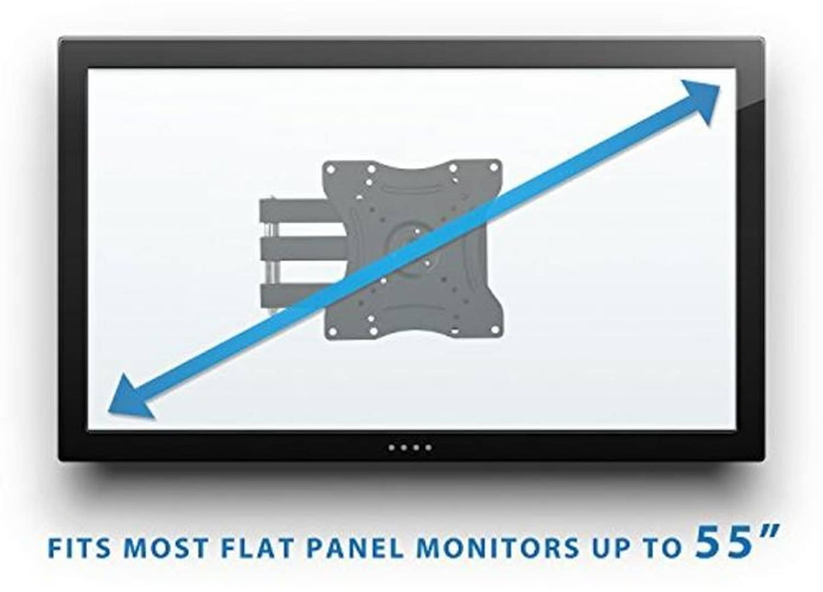 Black TV wall mount compatibility diagram for most flat panel monitors up to 55-inch
