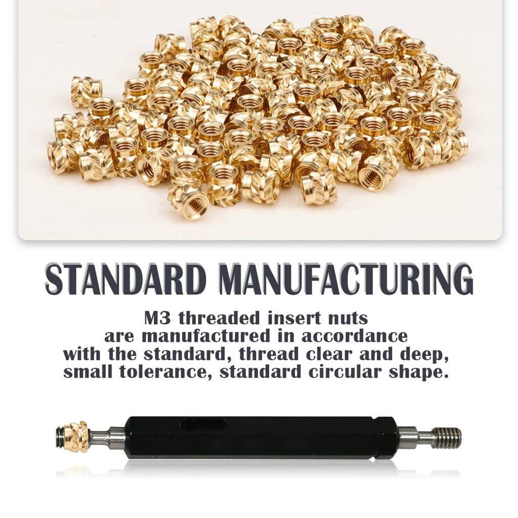 Brass knurled threaded insert nuts, bulk pile of threaded heat-set inserts