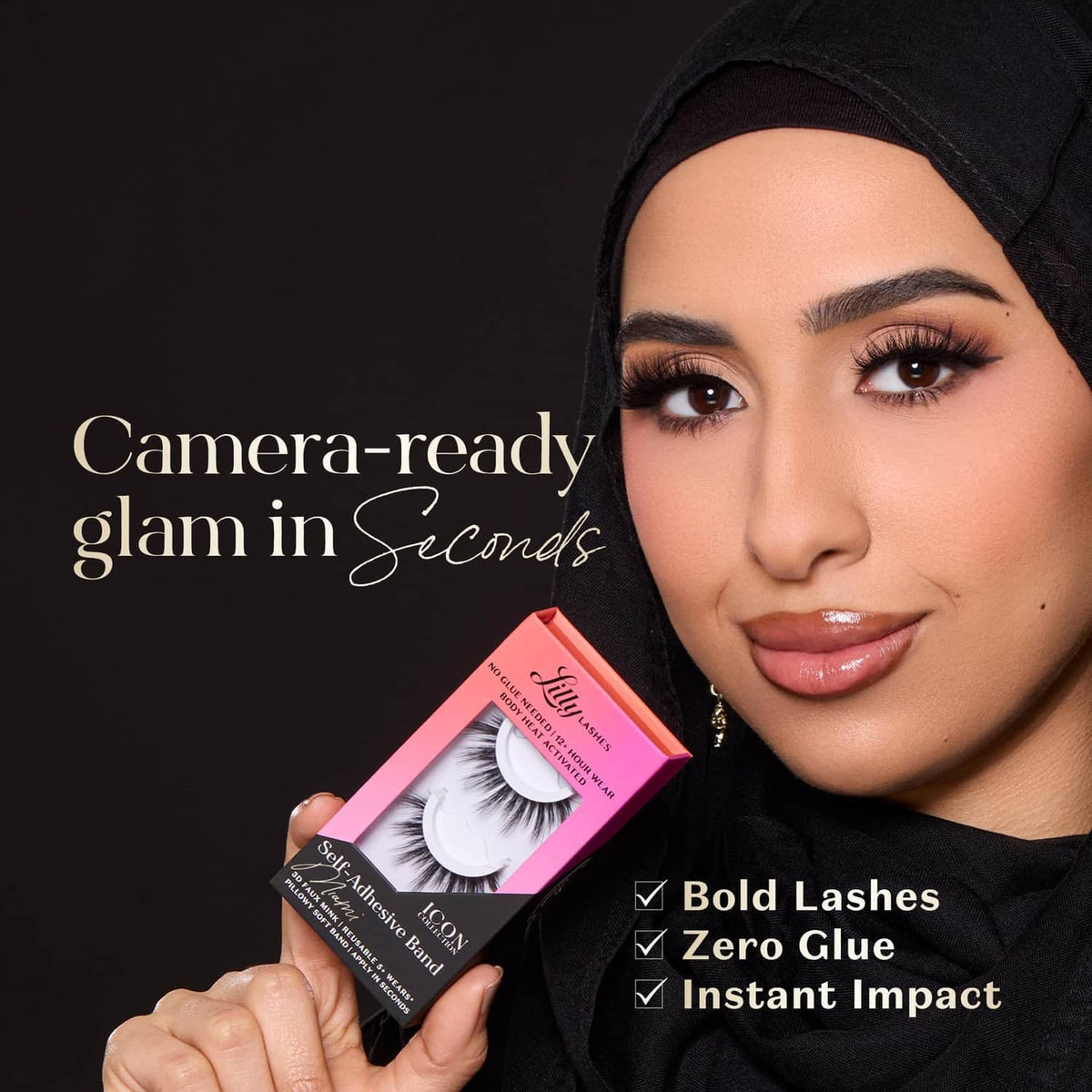Black self-adhesive band lashes next to boxed set for on-the-go glam