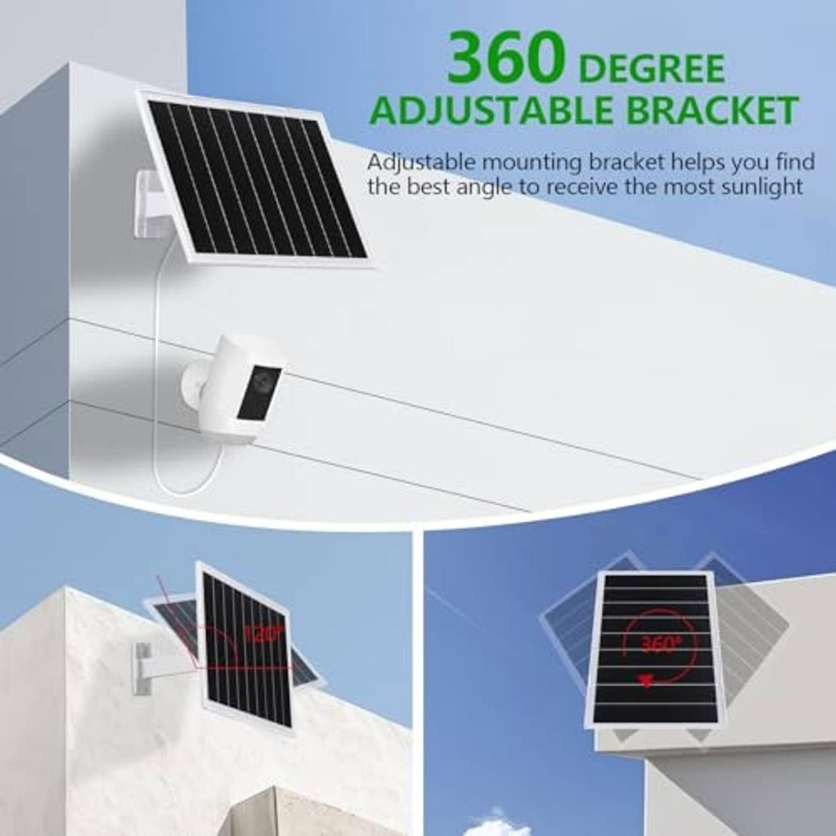 Solar panel with 360-degree adjustable mounting bracket for best sunlight angle