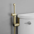 Gold bidet sprayer set attached to toilet tank with handheld shower head and hose