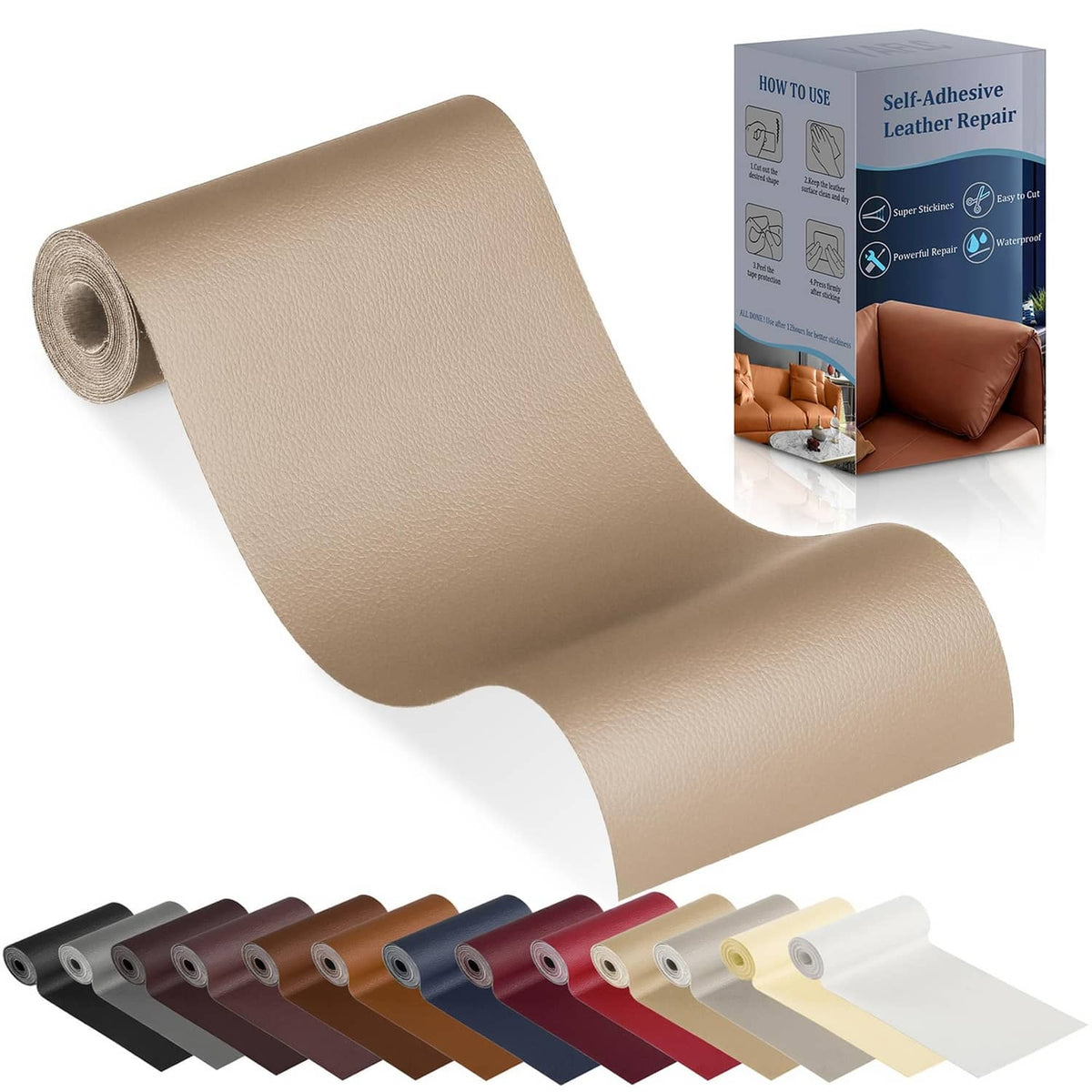 YAFLC leather repair patch roll, medium beige, with multiple color options