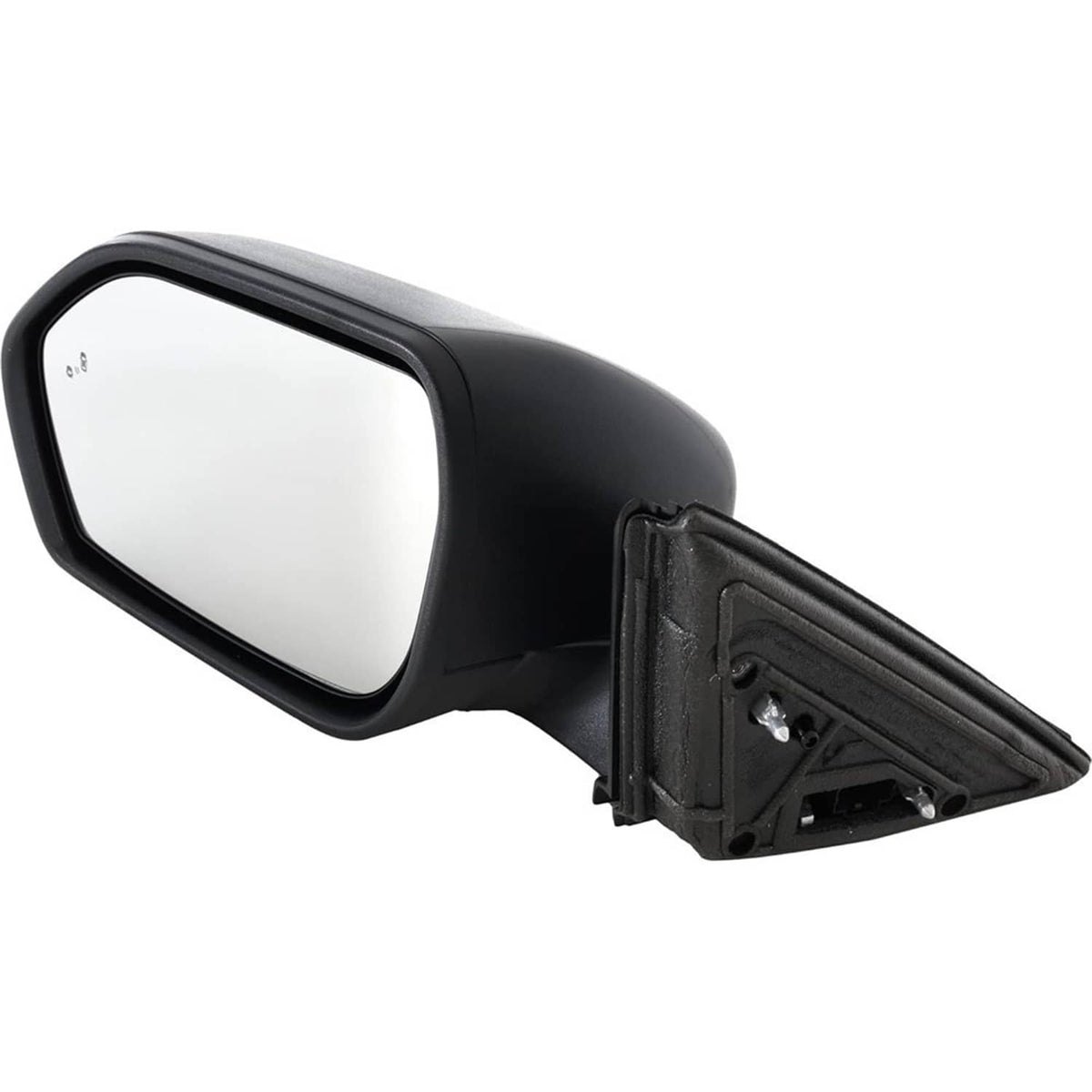 Left side mirror with black housing; rear mounting panel with exposed connector area.