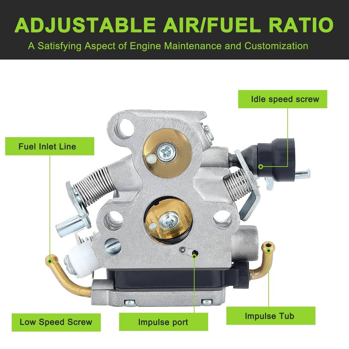 Silver carburetor with air/fuel adjustment screws, impulse port, and fuel inlet line