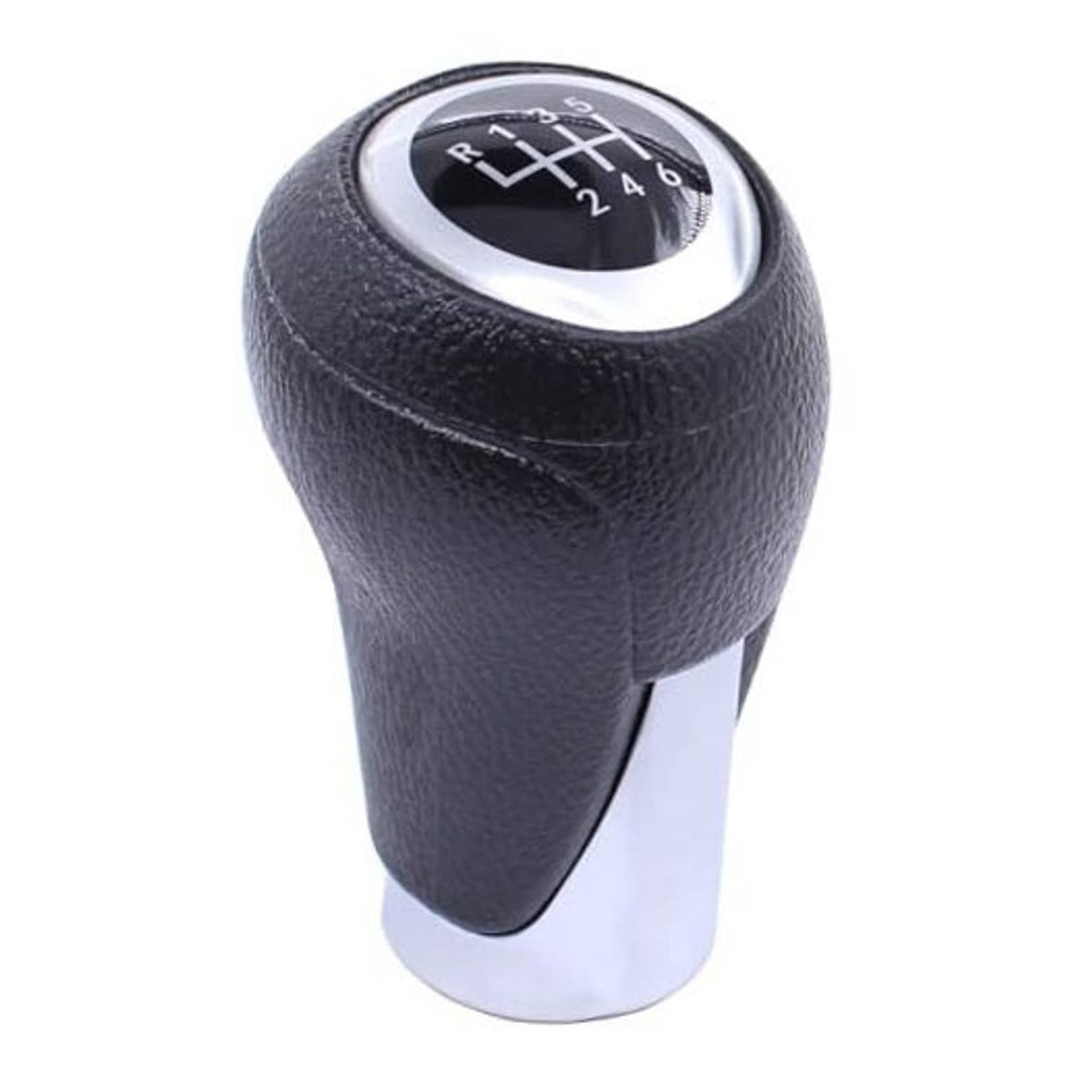 Black leather gear shifter shift knob with chrome ring and 5/6-speed markings