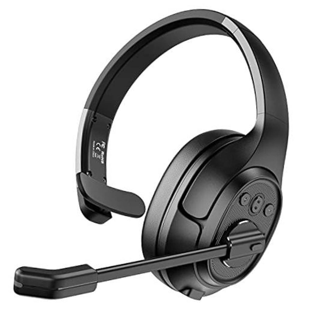 Black over-ear Bluetooth headset with boom microphone and control panel on earcup