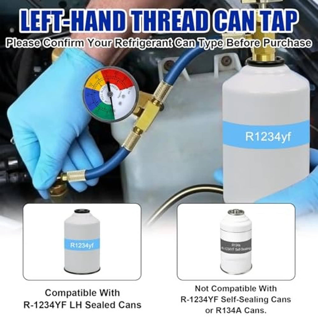 Refrigerant charging hose with pressure gauge, brass coupler, and can tap adapter