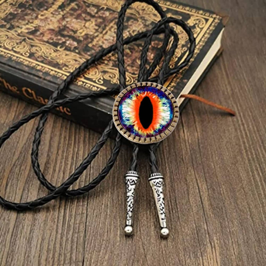 Round multicolor evil-eye bolo tie buckle with black braided cords and tips