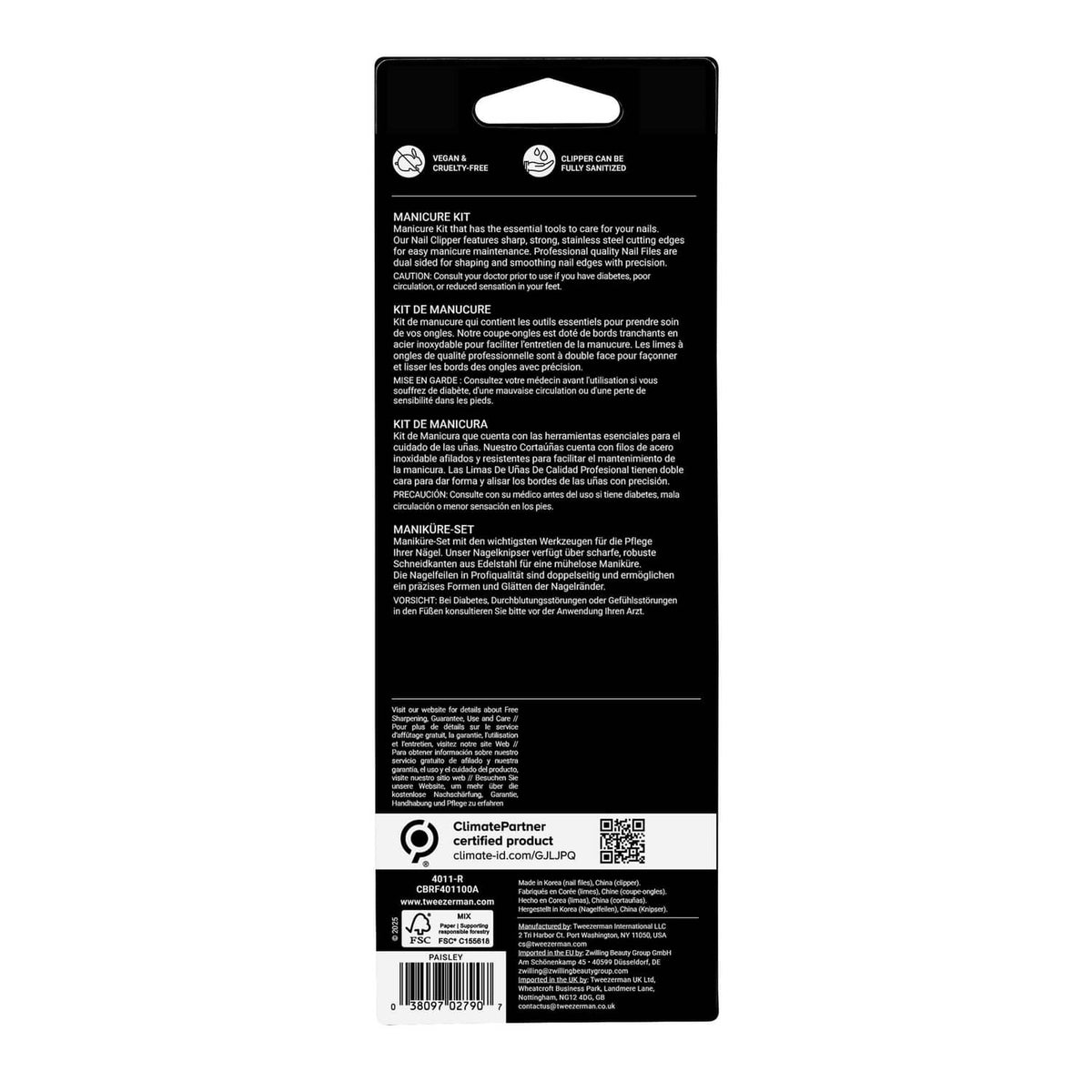 Tweezerman manicure kit back packaging with product information panel