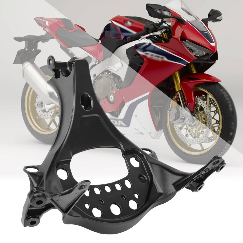 Black front upper fairing stay bracket with mounting holes and curved support arms