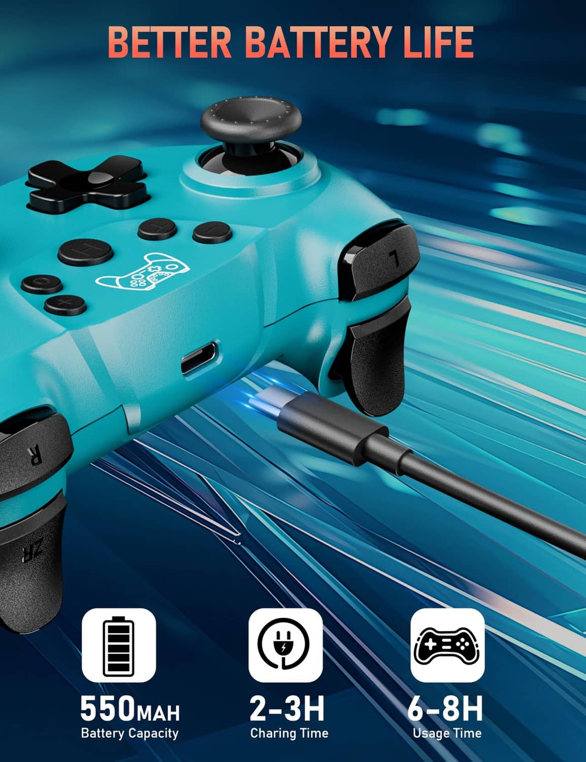 Teal wireless game controller showing charging port, grips, and front buttons