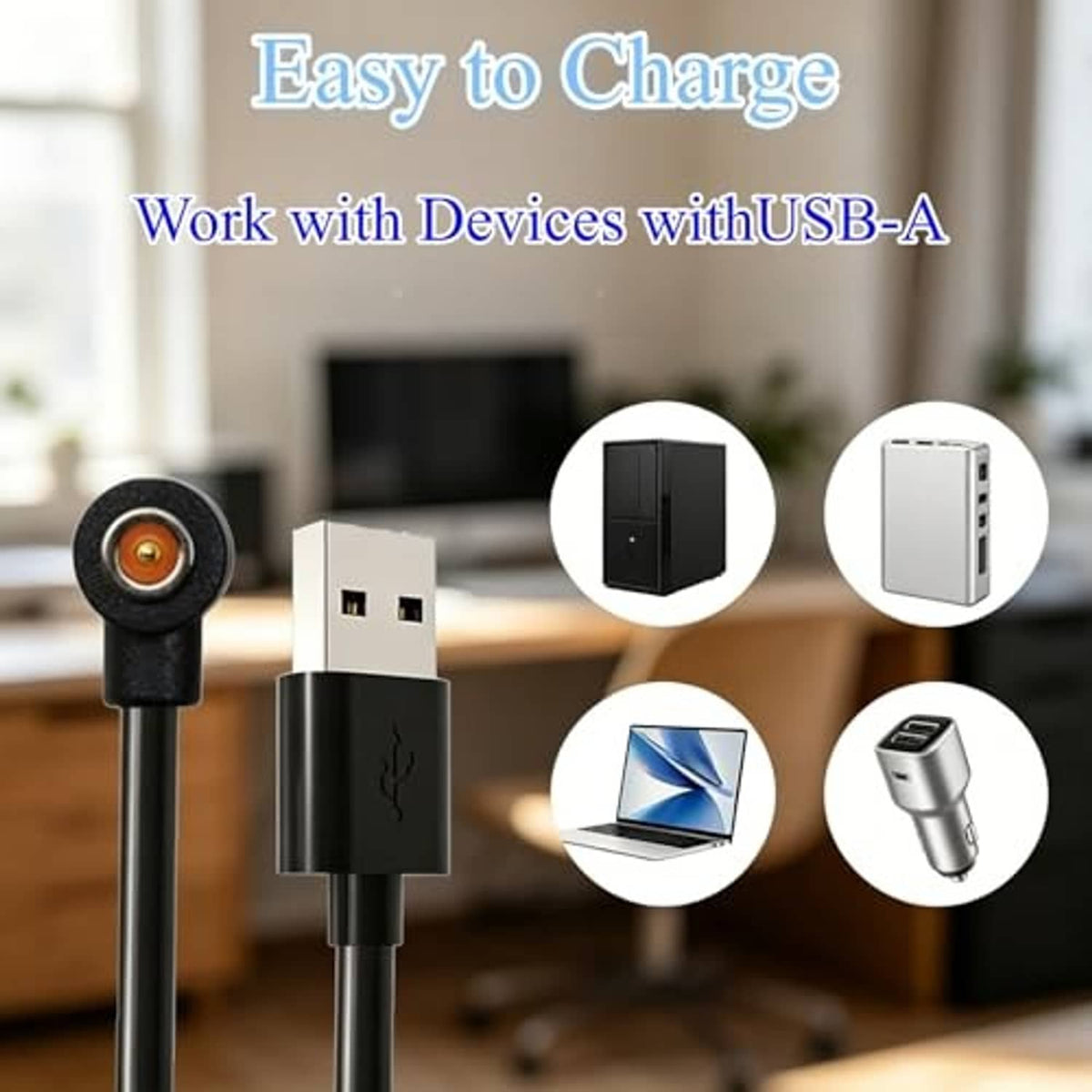 Black USB-A smart ring charging cord with magnetic port connector