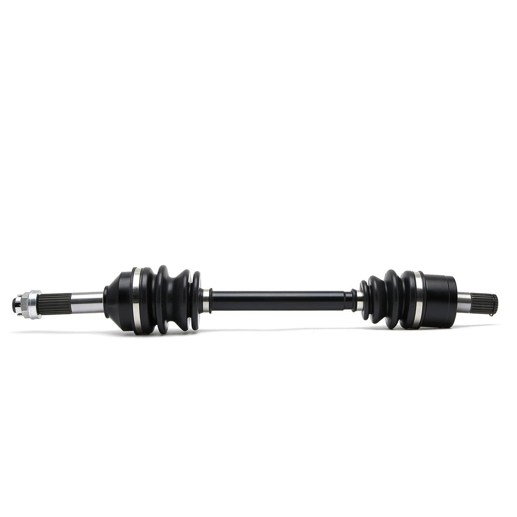 CV axle drive shaft side view with two black boots and metal splined ends