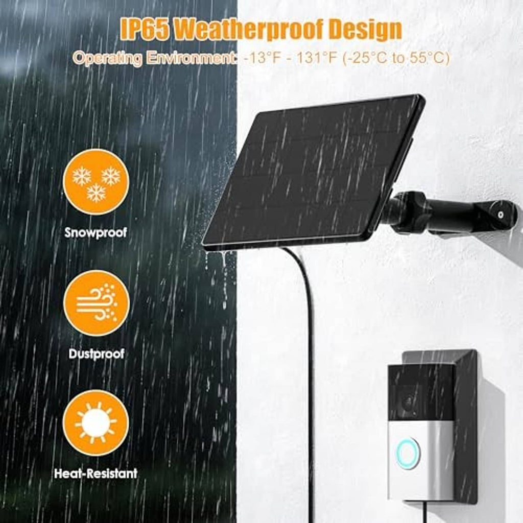 Weatherproof black solar panel with wall mount and charging cable for doorbell