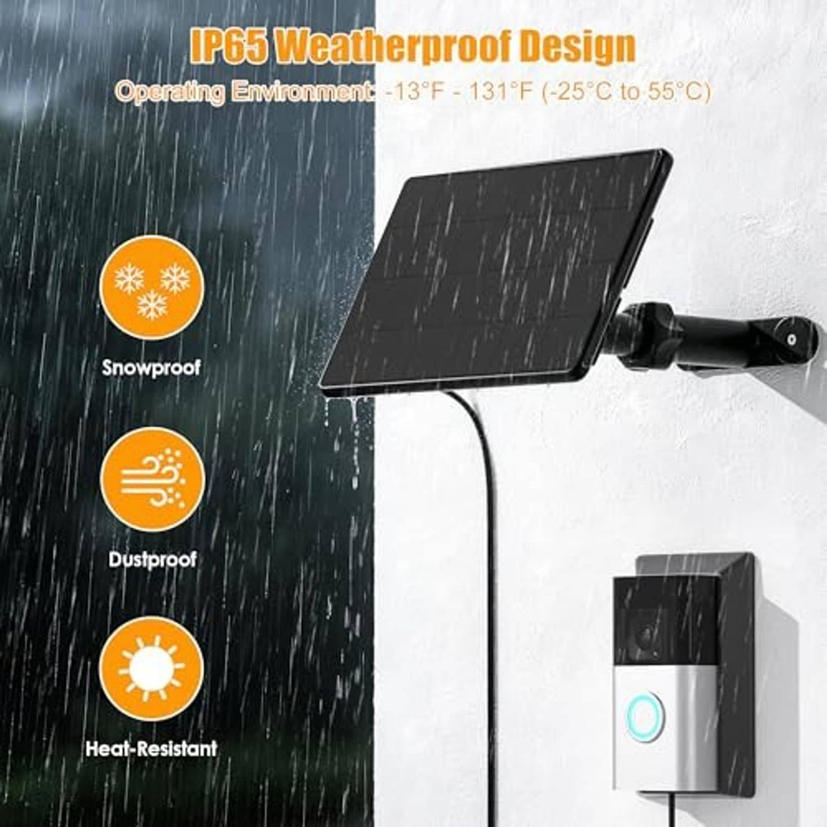 Weatherproof black solar panel with wall mount and charging cable for doorbell