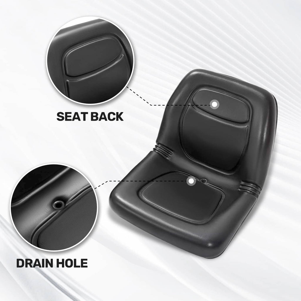Black seat backrest with drain hole and detail cutouts on molded cushion