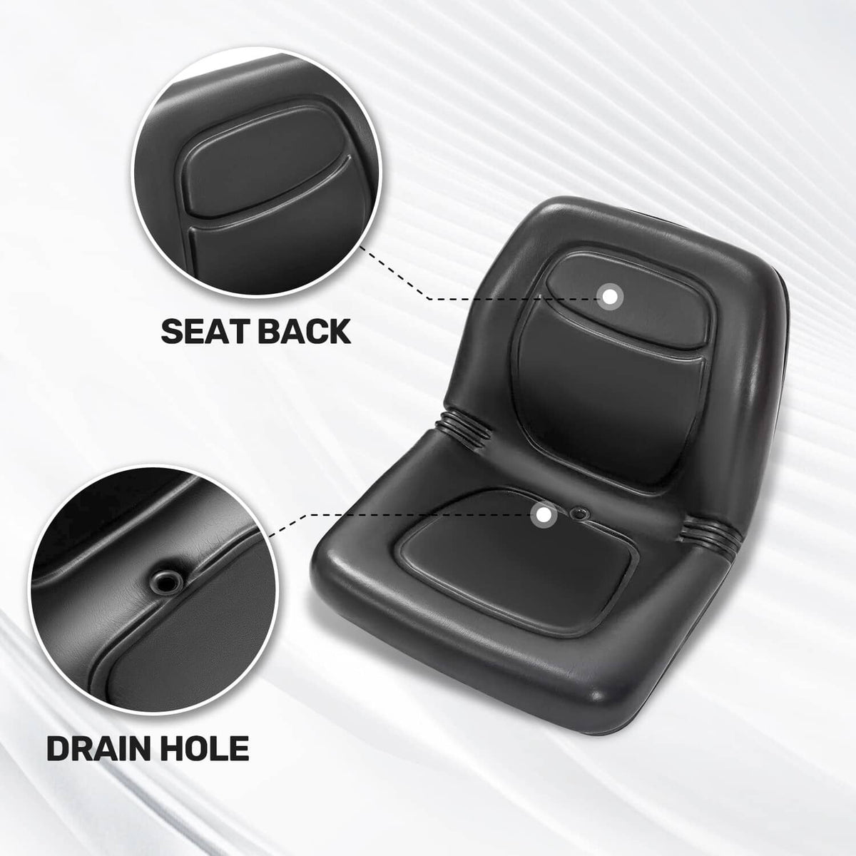 Black seat backrest with drain hole and detail cutouts on molded cushion