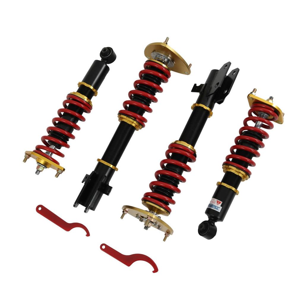Pair of coilover struts and mounting brackets with red springs, black shocks, gold tops