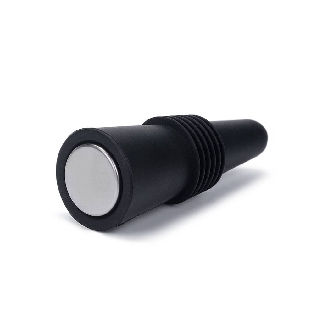 Black silicone wine stopper with circular silver seal and ridged grip
