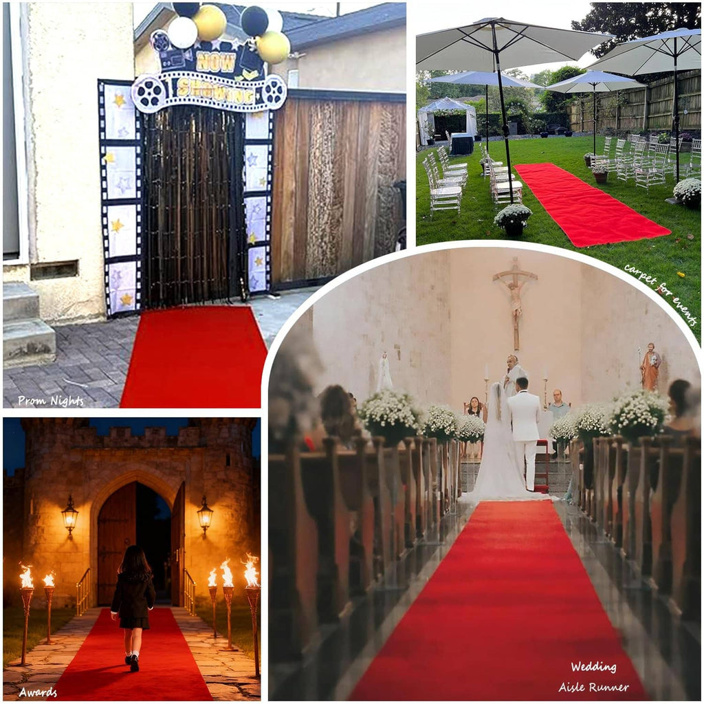 Red carpet runner displayed in outdoor event walkway, dense low pile
