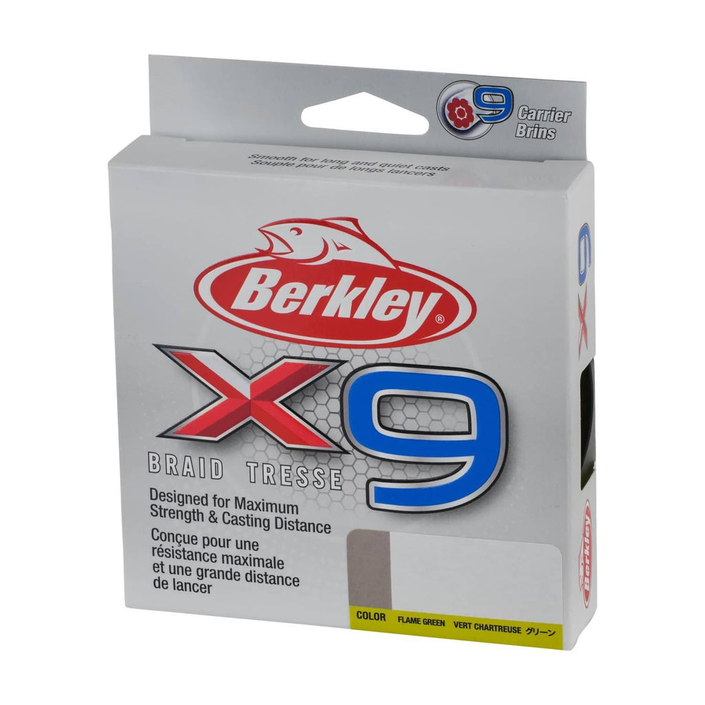 Berkley X9 braid fishing line package, flame green line, maximum strength and distance