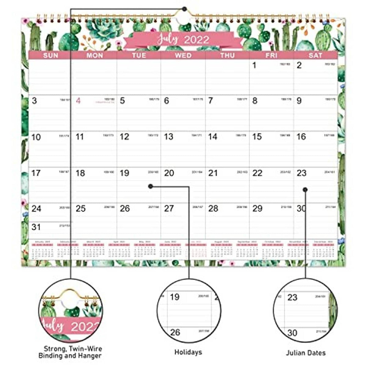 July 2022 wall calendar with cactus floral print and gold hanging rings, inset detail circles