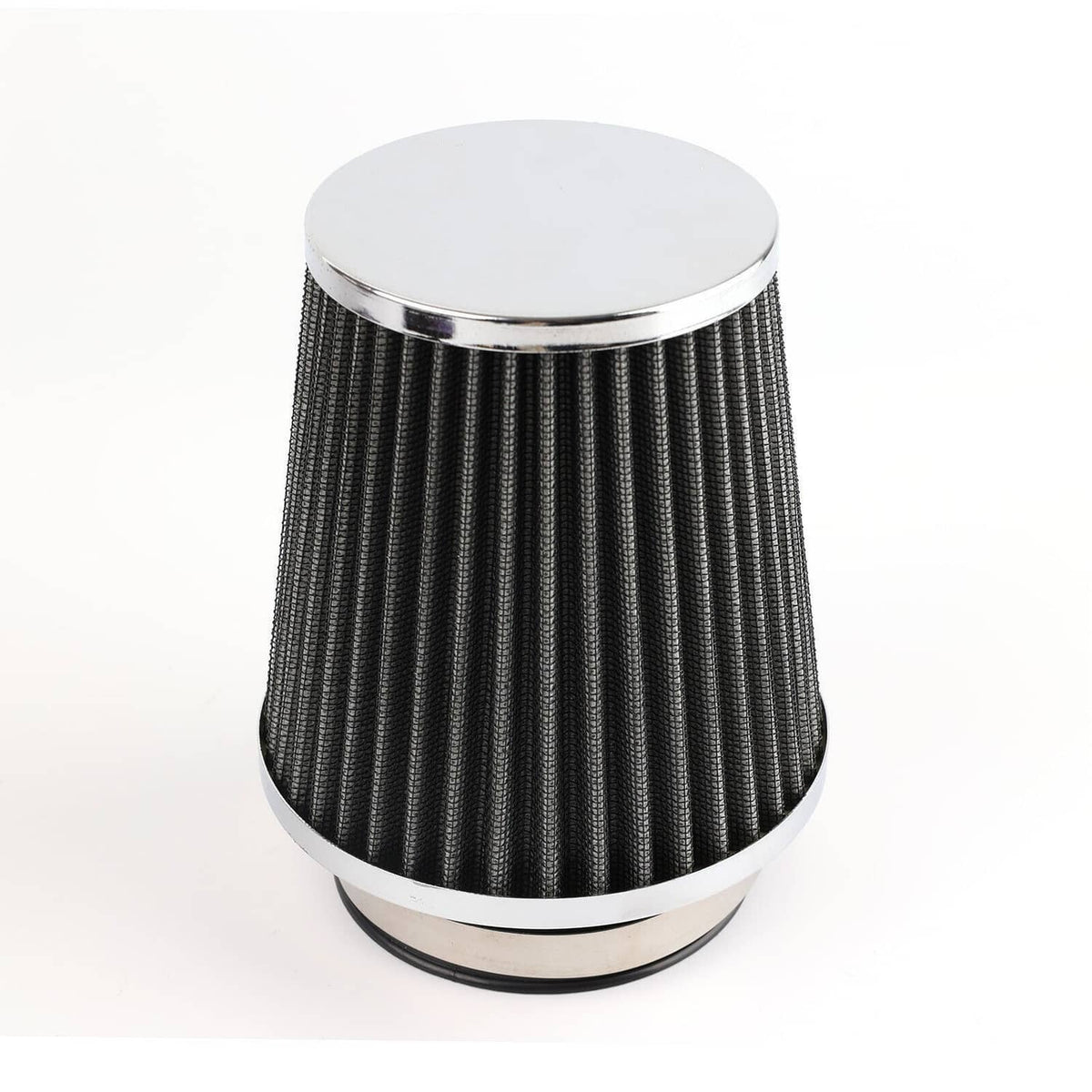 High-flow cone air intake dry air filter with chrome top plate and dark pleated mesh