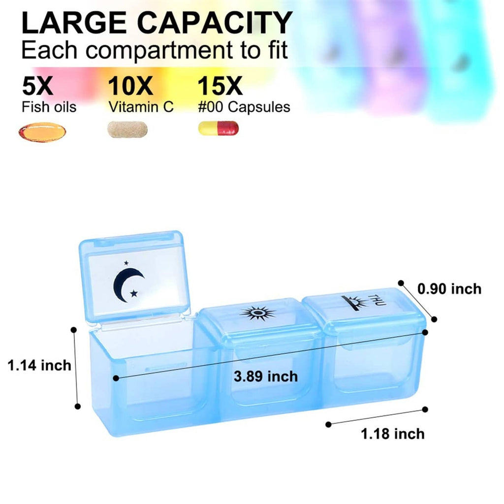 Large clear pill organizer box with multiple blue day compartments and night icon panel