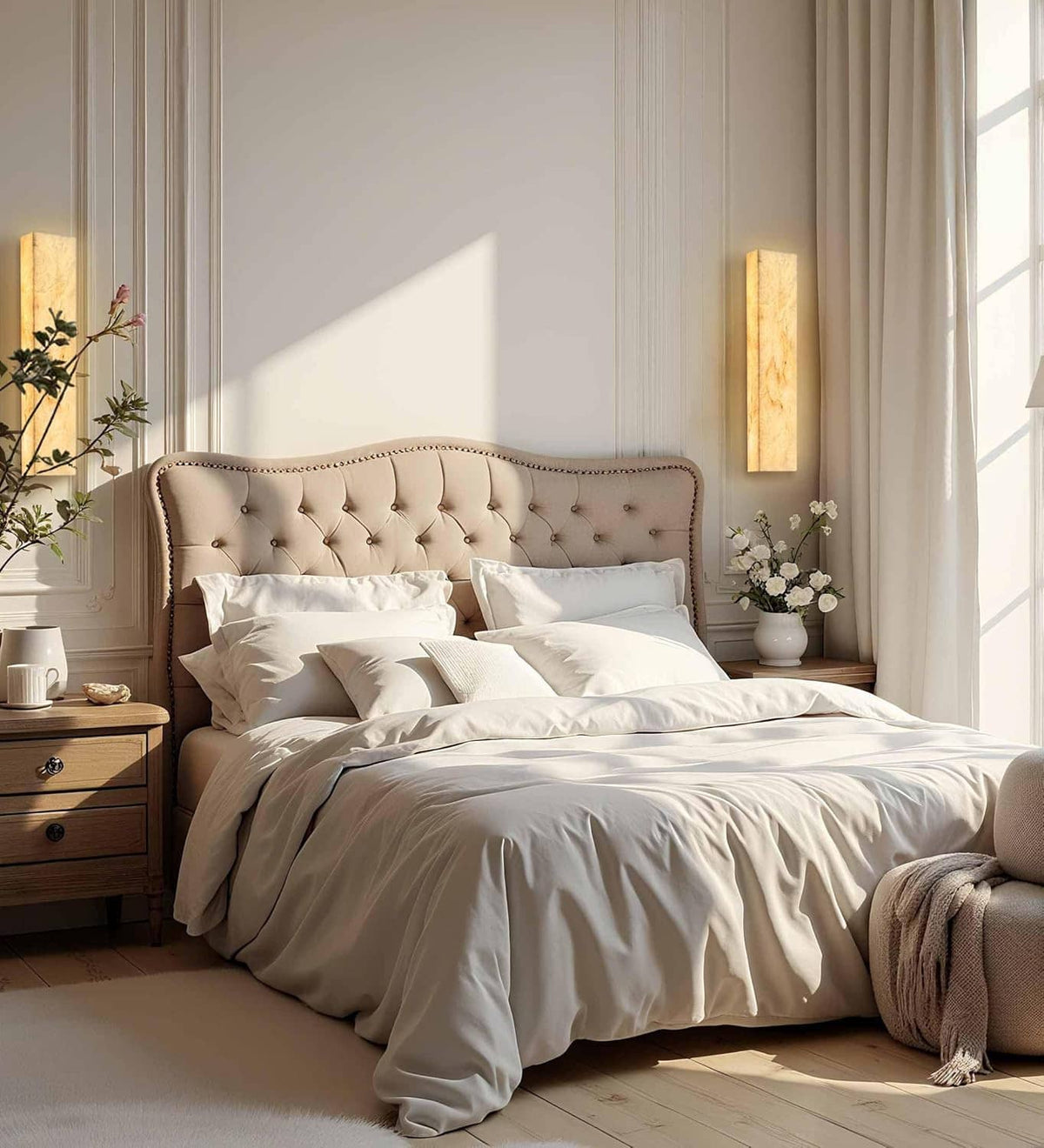Single rectangular marble wall sconce with warm amber light panel on a bedroom wall