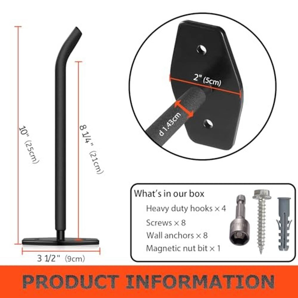 Black wall tire hook with measurements and included mounting kit in box, 10-inch arm.