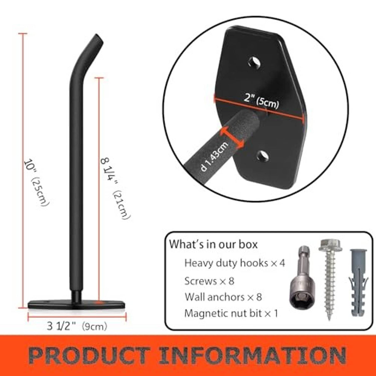 Black wall tire hook with measurements and included mounting kit in box, 10-inch arm.