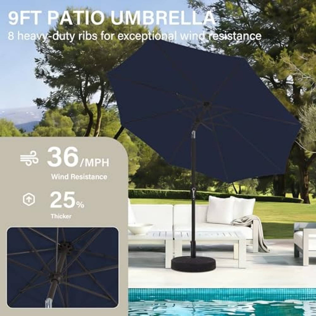 Navy 9 ft patio umbrella open canopy with rib supports, central pole