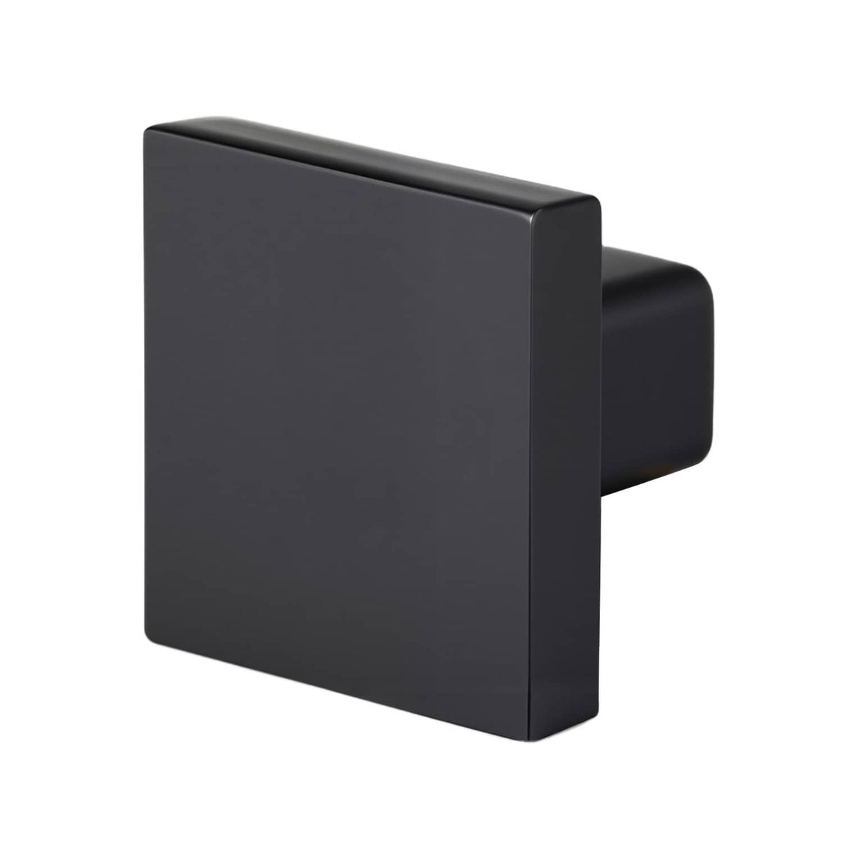 Square black cabinet knob close-up with smooth face and side stem