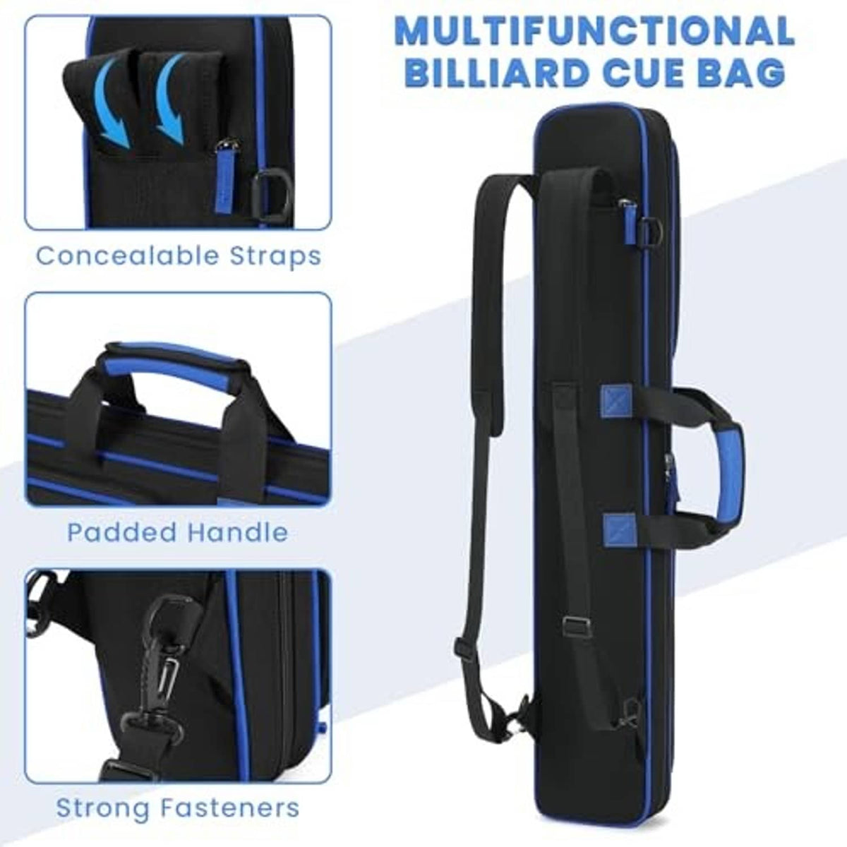 Black billiard cue bag with blue accents, padded handle, and secure fastening straps