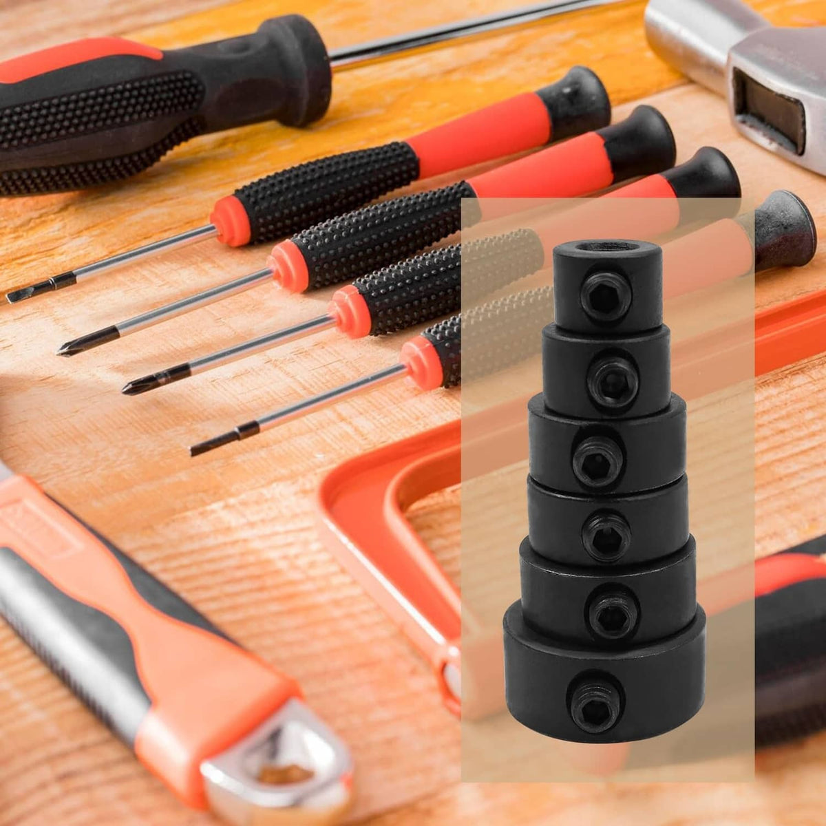 Drill bit depth stop collar set with multiple collars stacked and hex wrenches