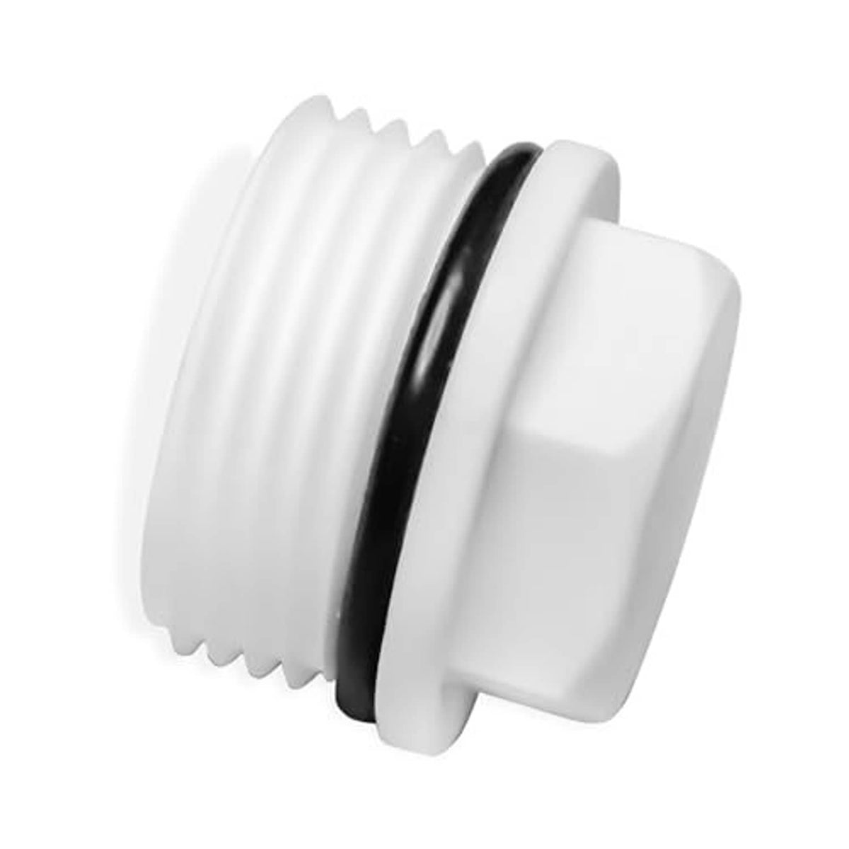 White PVC male end cap with ribbed exterior and black sealing band