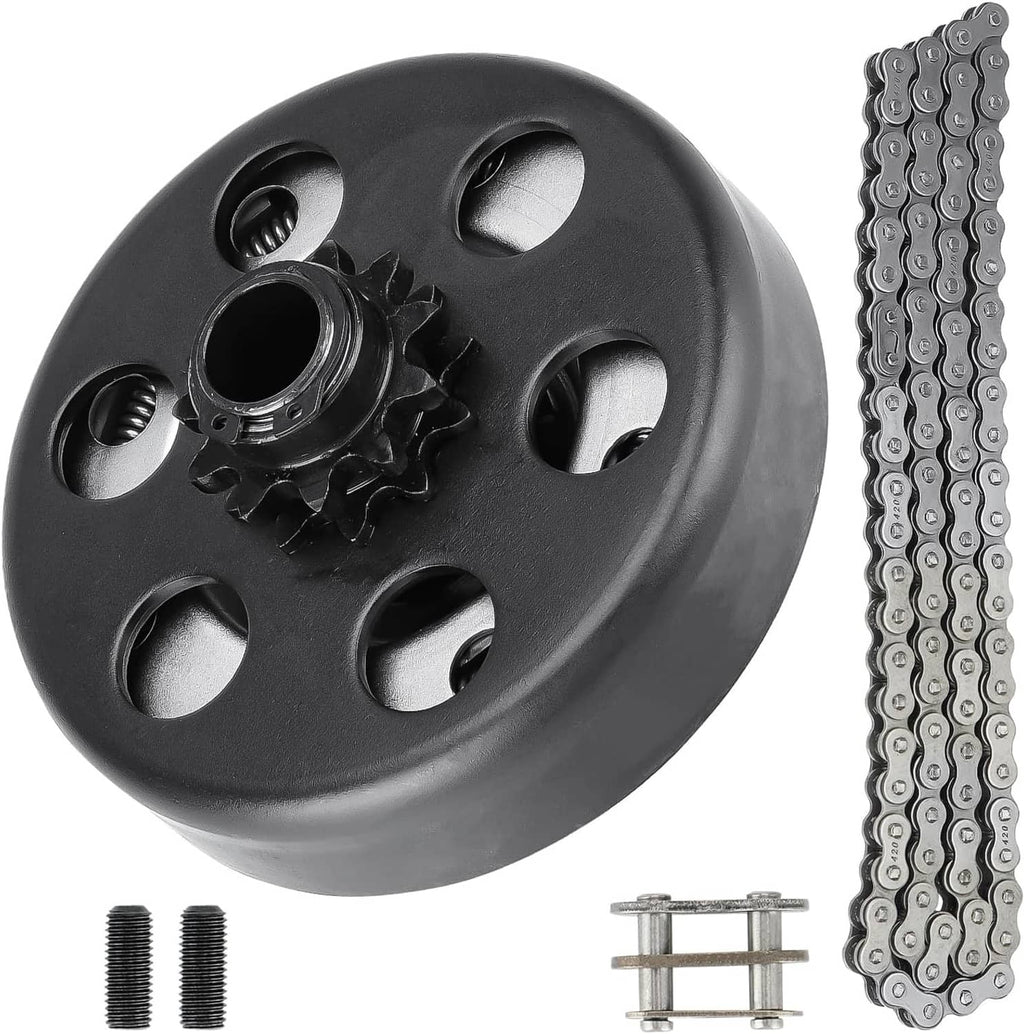 Black centrifugal clutch with sprocket, chain and mounting screws for go kart kit