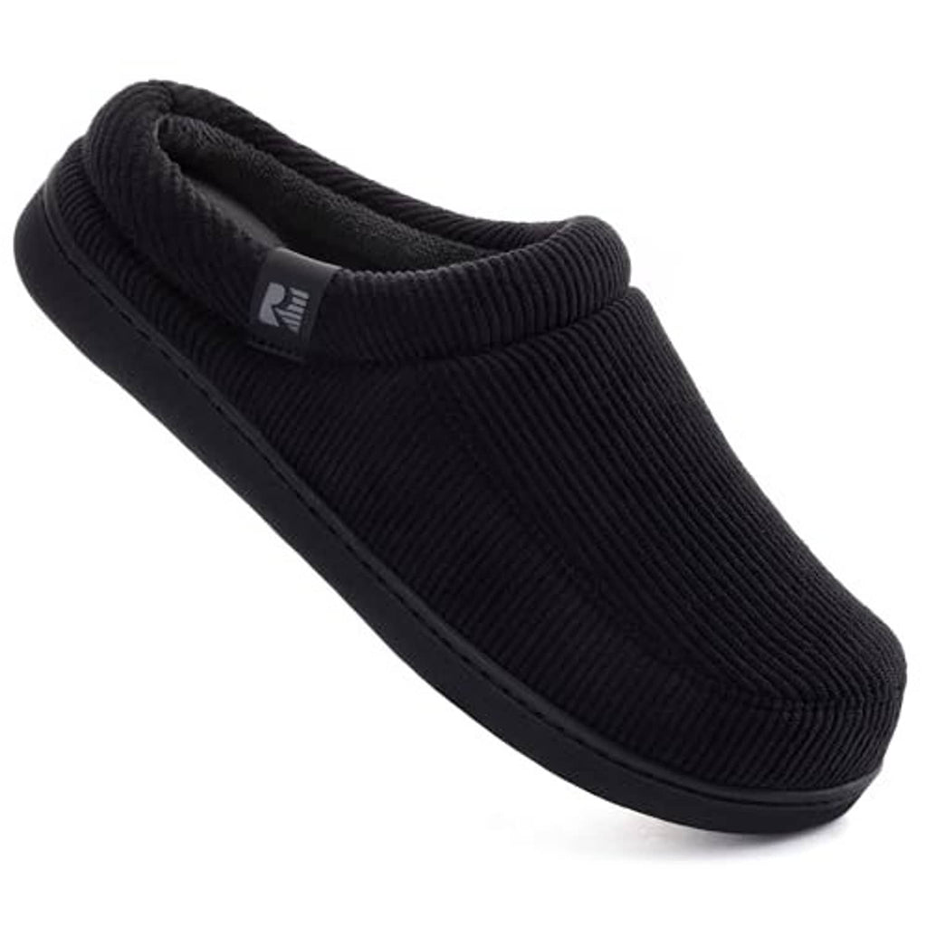Black ribbed corduroy slip-on house slipper with low profile sole and comfy collar