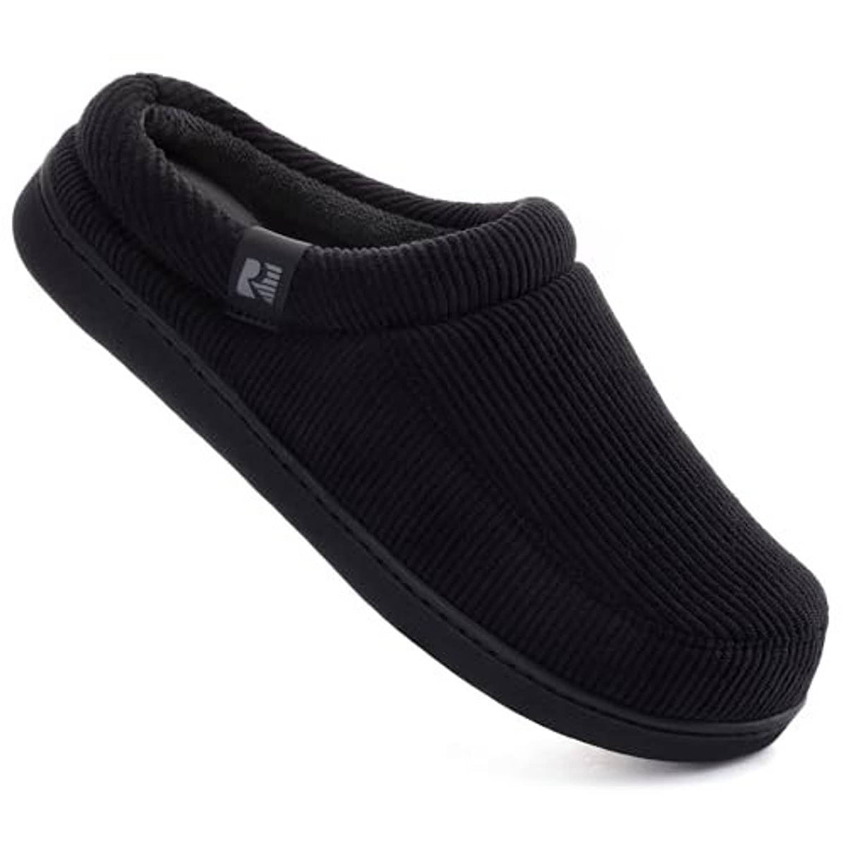 Black ribbed corduroy slip-on house slipper with low profile sole and comfy collar